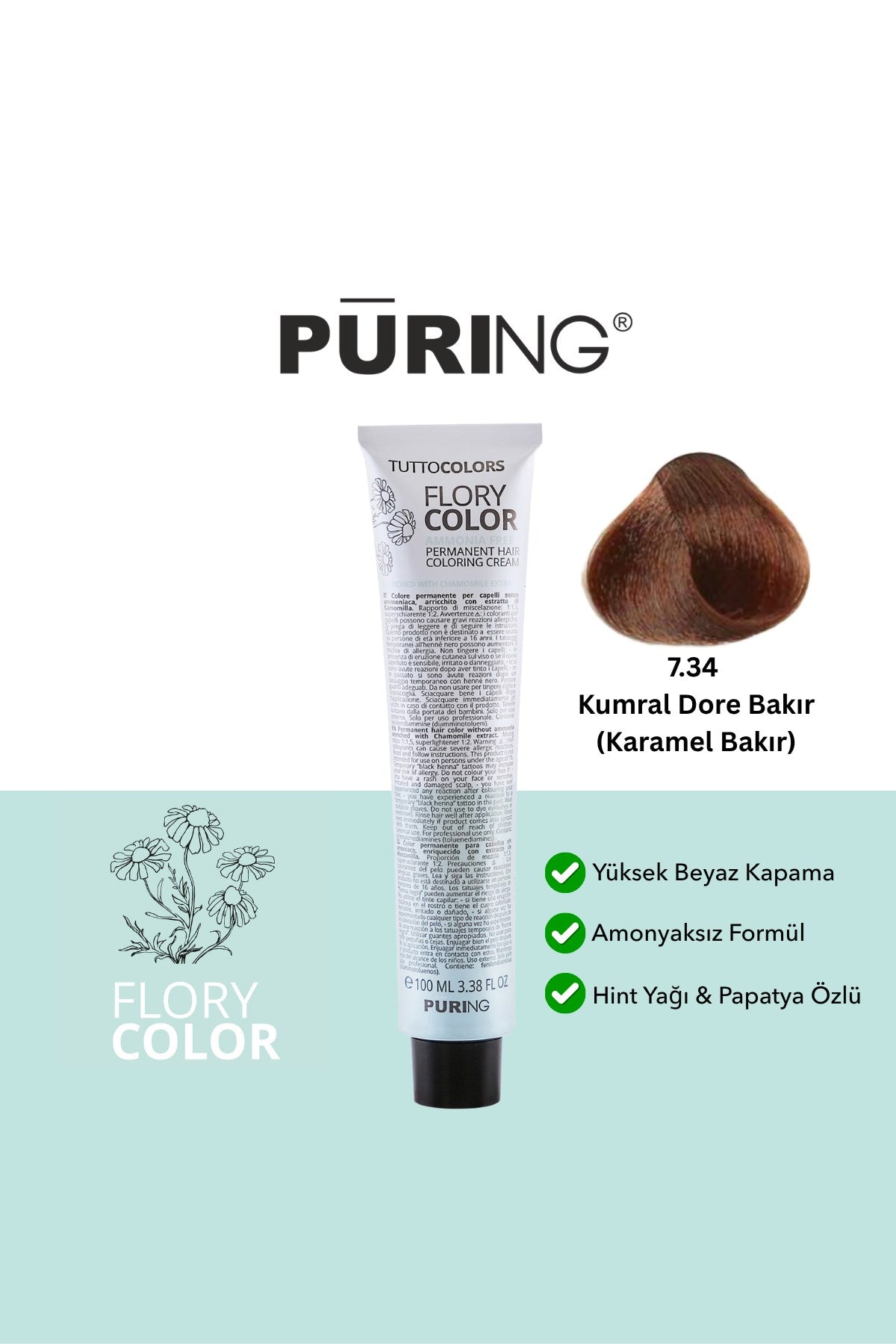 PURING Flory Color Papatya Özlü Amonyaksız Saç Boyası 100ml - 7.34 Kumral Dore Bakır (Karamel Bakır)