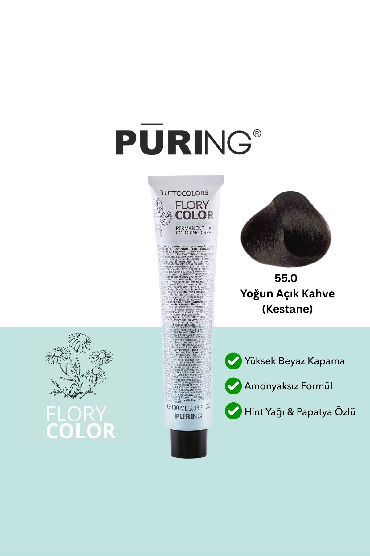 PURING Flory Color Papatya Özlü Amonyaksız Saç Boyası 100ml - 55.0 Yoğun Açık Kahve (Kestane)