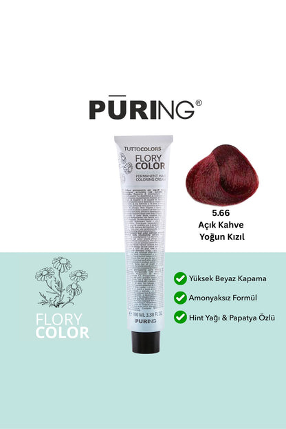 PURING Flory Color Papatya Özlü Amonyaksız Saç Boyası 100ml - 5.66 Açık Kahve Yoğun Kızıl
