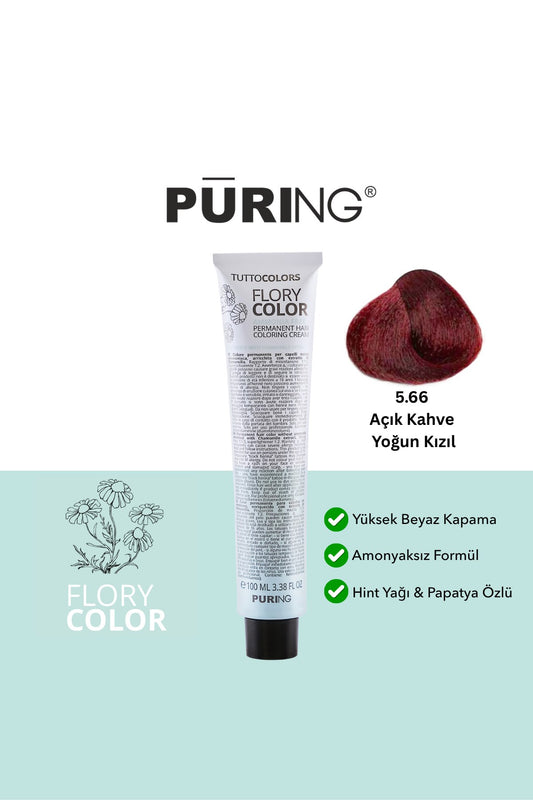 PURING Flory Color Papatya Özlü Amonyaksız Saç Boyası 100ml - 5.66 Açık Kahve Yoğun Kızıl
