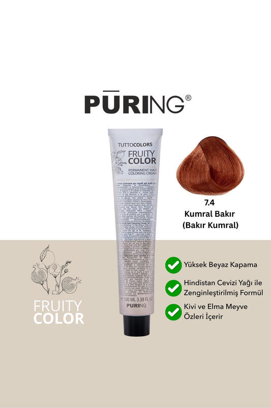 PURING Fruity Color Meyve Asitli Profesyonel Krem Saç Boyası 100ml - 7.4 Kumral Bakır (Bakır Kumral)
