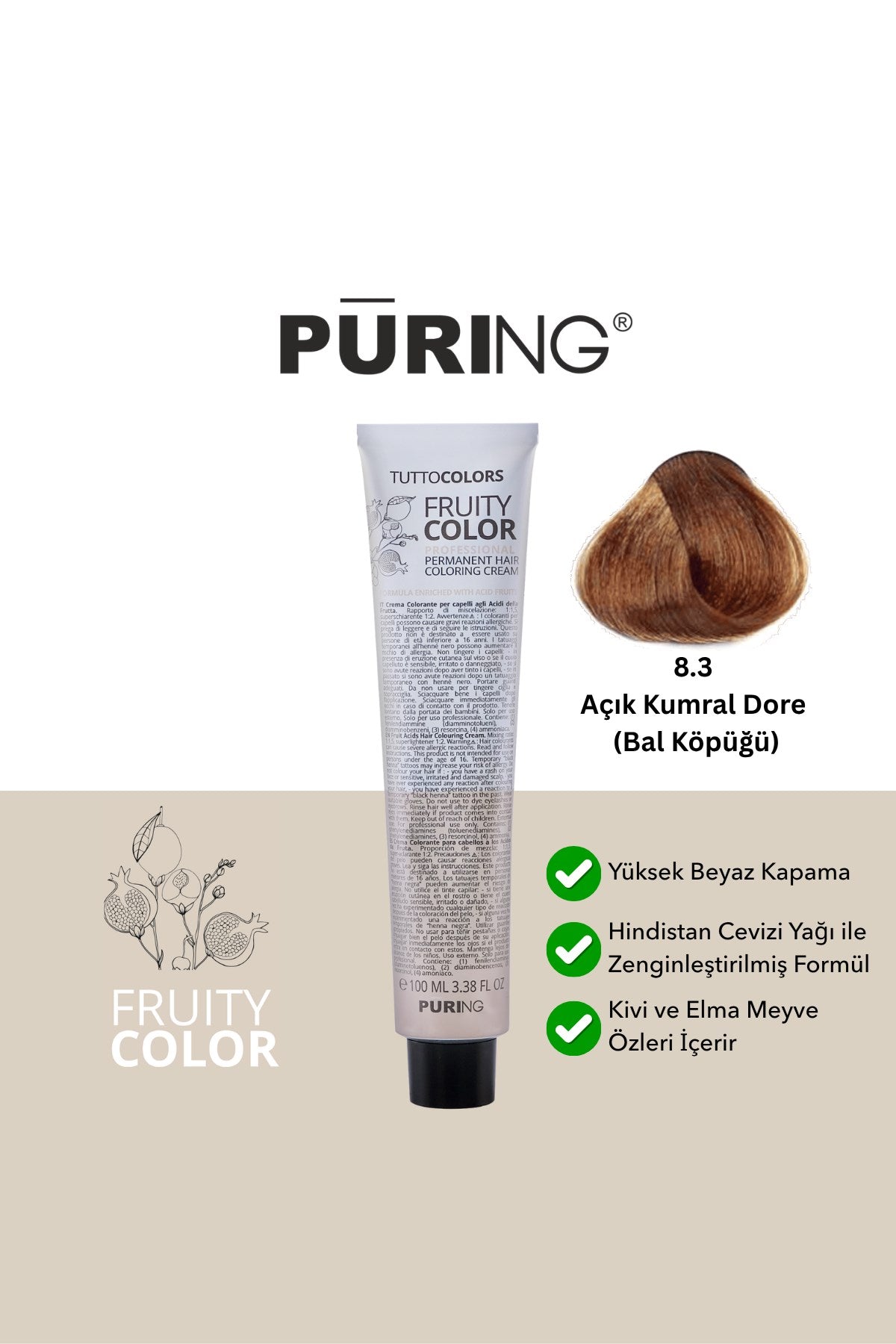 PURING Fruity Color Meyve Asitli Profesyonel Krem Saç Boyası 100ml - 8.3 Açık Kumral Dore (Bal Köpüğü)