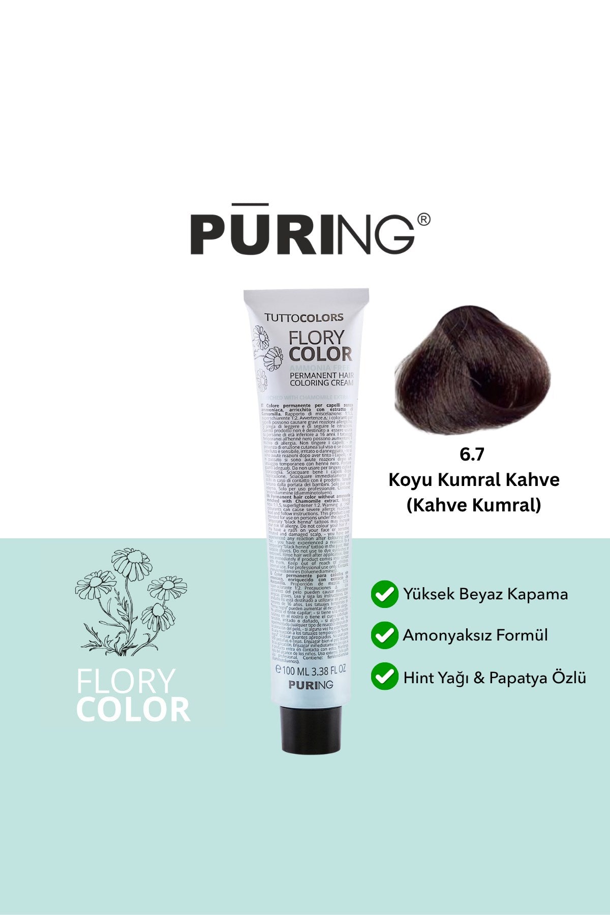 PURING Flory Color Papatya Özlü Amonyaksız Saç Boyası 100ml - 6.7 Koyu Kumral Kahve (Kahve Kumral)