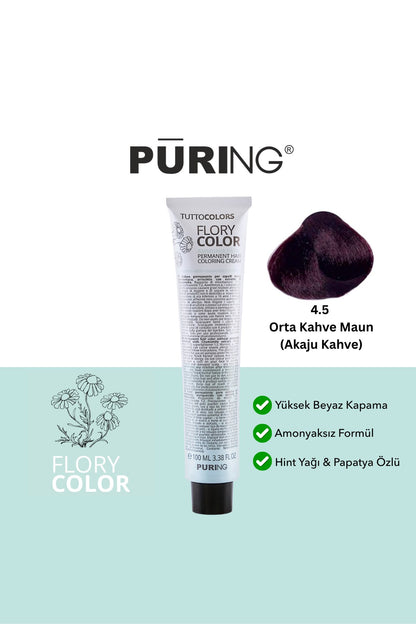 PURING Flory Color Papatya Özlü Amonyaksız Saç Boyası 100ml - 4.5 Orta Kahve Maun (Akaju Kahve)