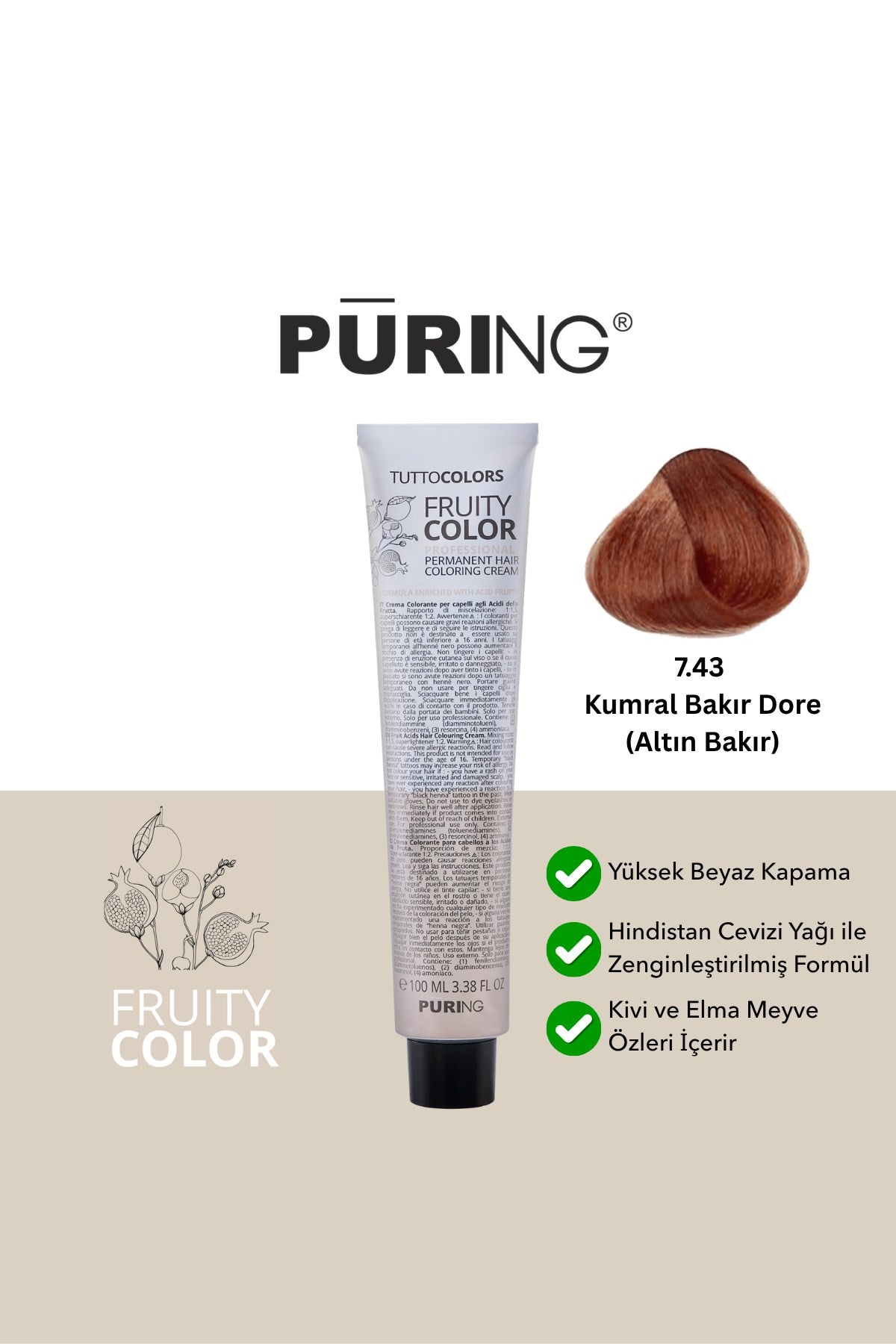 PURING Fruity Color Meyve Asitli Profesyonel Krem Saç Boyası 100ml - 7.43 Kumral Bakır Dore(Altın Bakır)