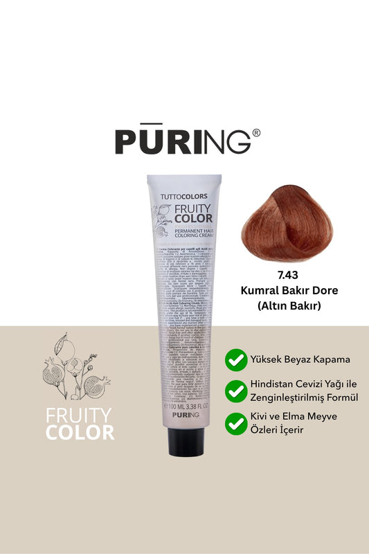 PURING Fruity Color Meyve Asitli Profesyonel Krem Saç Boyası 100ml - 7.43 Kumral Bakır Dore(Altın Bakır)
