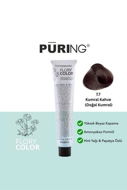 PURING Flory Color Papatya Özlü Amonyaksız Saç Boyası 100ml - 7.7 Kumral Kahve (Doğal Kumral)