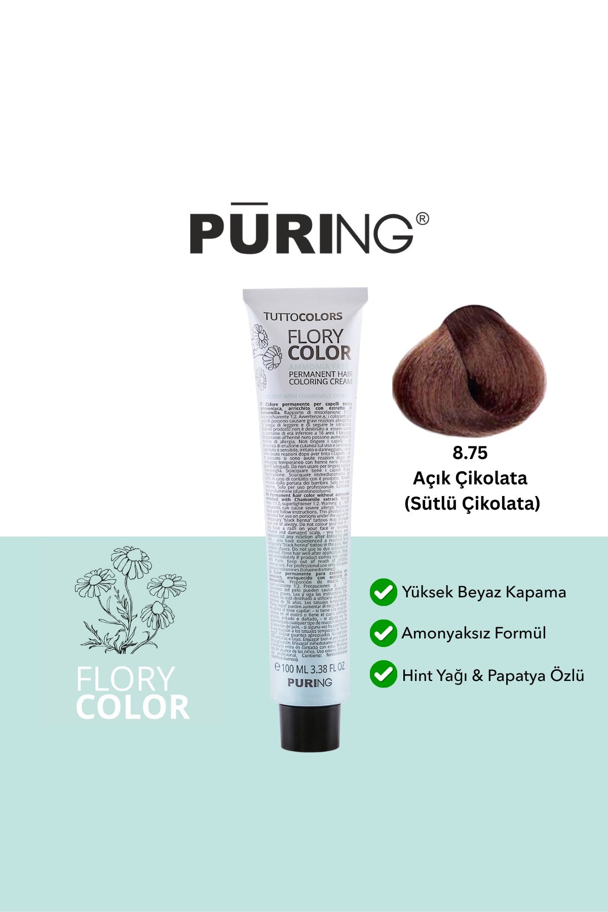 PURING Flory Color Papatya Özlü Amonyaksız Saç Boyası 100ml - 8.75 Açık Çikolata (Sütlü Çikolata)