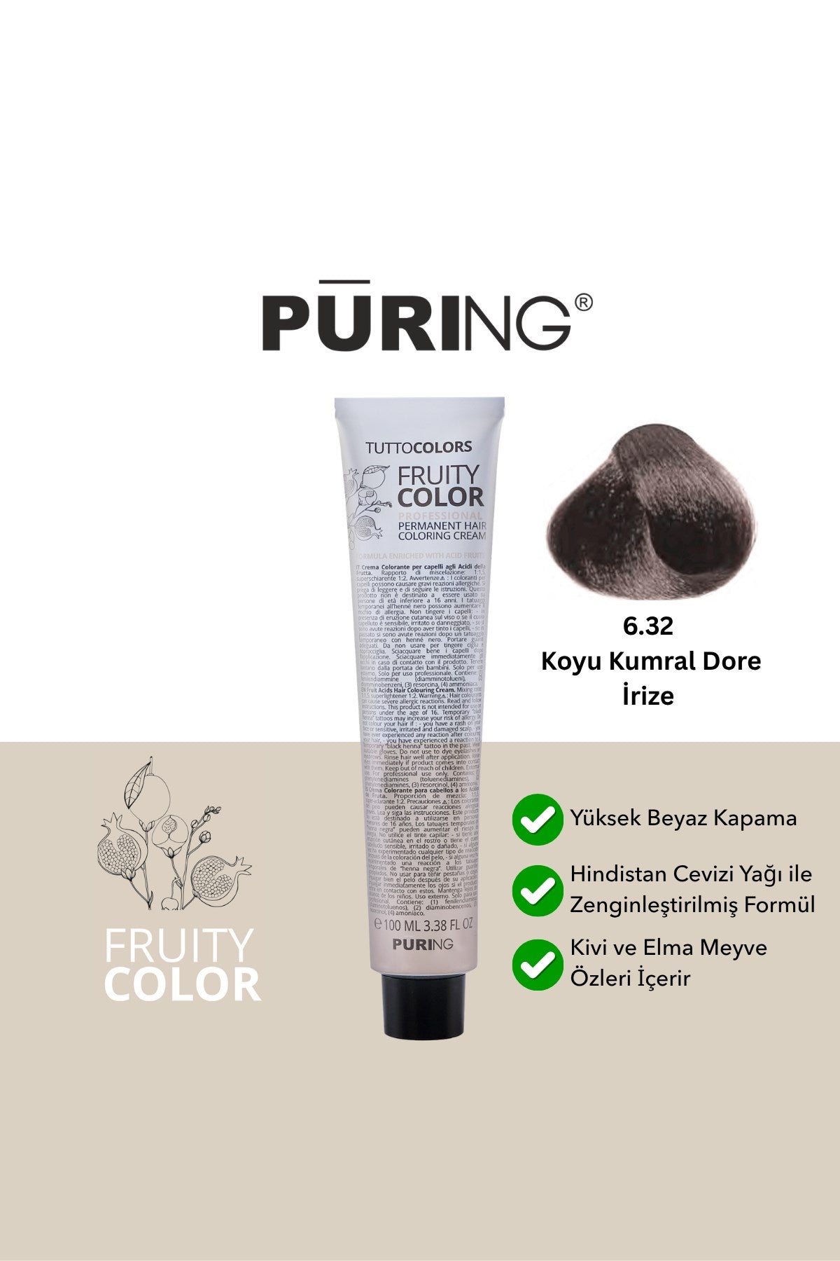 PURING Fruity Color Meyve Asitli Profesyonel Krem Saç Boyası 100ml - 6.32 Koyu Kumral Dore İrize
