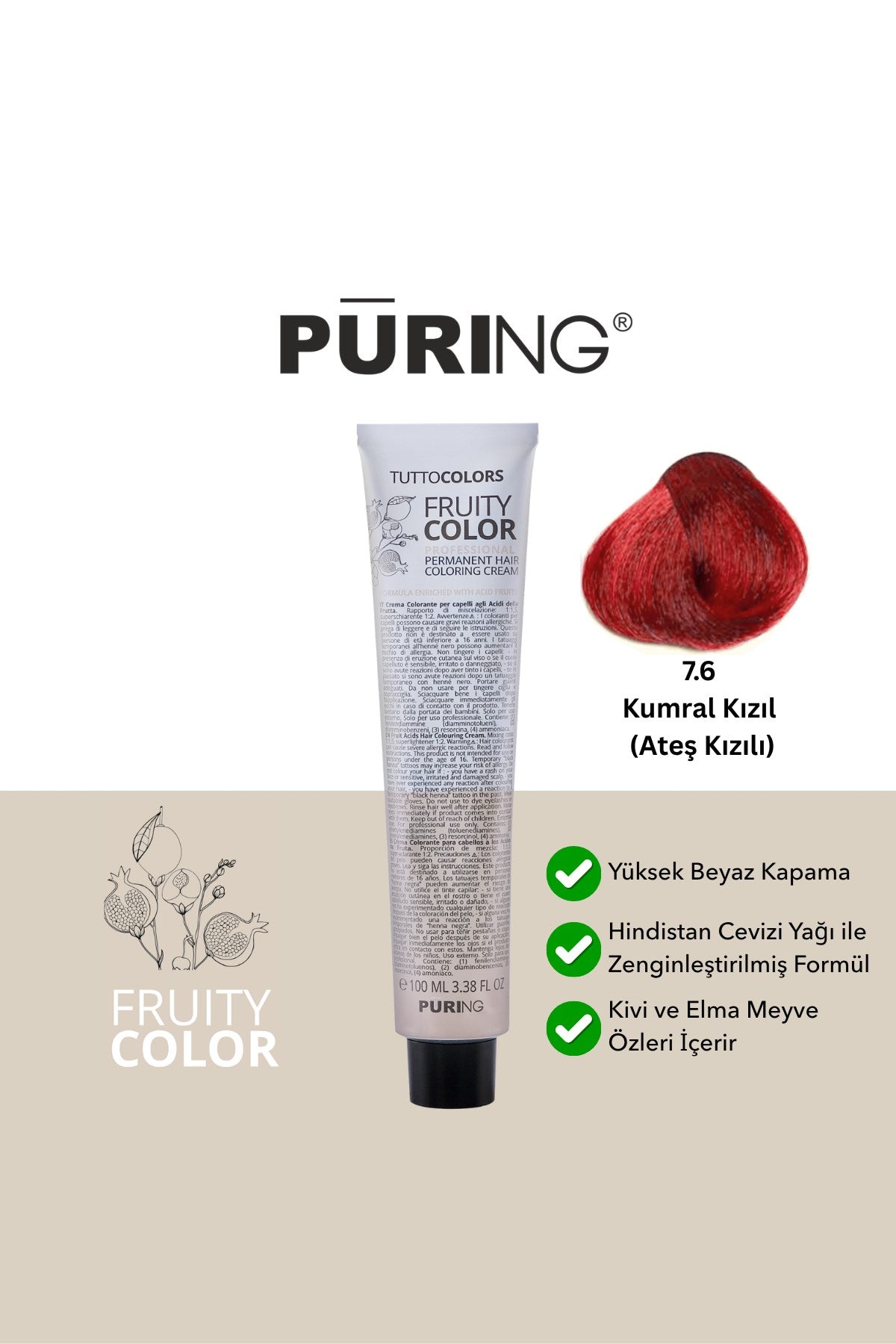 PURING Fruity Color Meyve Asitli Profesyonel Krem Saç Boyası 100ml - 7.6 Kumral Kızıl (Ateş Kızılı)