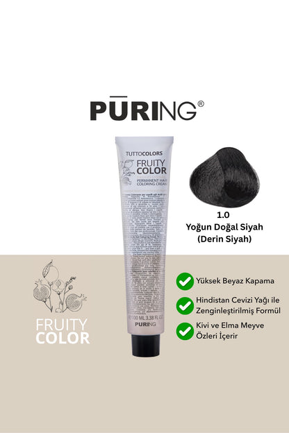 PURING Fruity Color Meyve Asitli Profesyonel Krem Saç Boyası 100ml - 1.0 Yoğun Doğal Siyah (Derin Siyah)