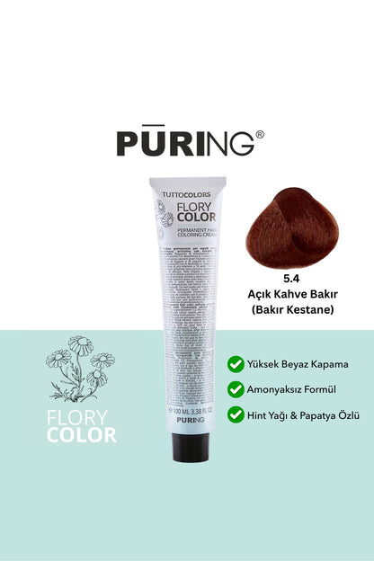 PURING Flory Color Papatya Özlü Amonyaksız Saç Boyası 100ml - 5.4 Açık Kahve Bakır (Bakır Kestane)