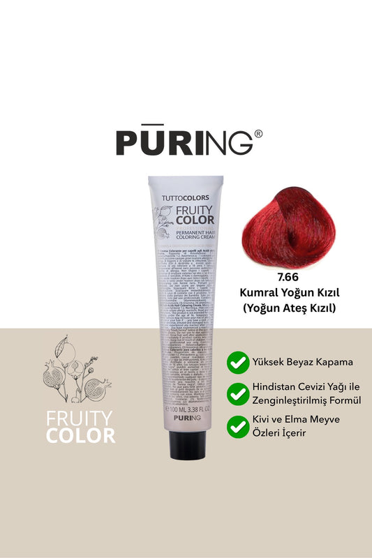 PURING Fruity Color Meyve Asitli Profesyonel Krem Saç Boyası 100ml - 7.66 Kumral Yoğun Kızıl-Yoğun Ateş Kızıl
