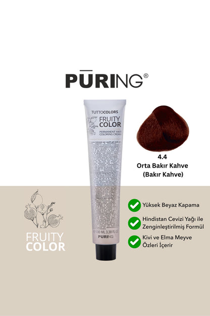 PURING Fruity Color Meyve Asitli Profesyonel Krem Saç Boyası 100ml - 4.4 Orta Bakır Kahve (Bakır Kahve)