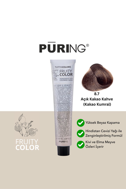 PURING Fruity Color Meyve Asitli Profesyonel Krem Saç Boyası 100ml - 8.7 Açık Kakao Kahve (Kakao Kumral)
