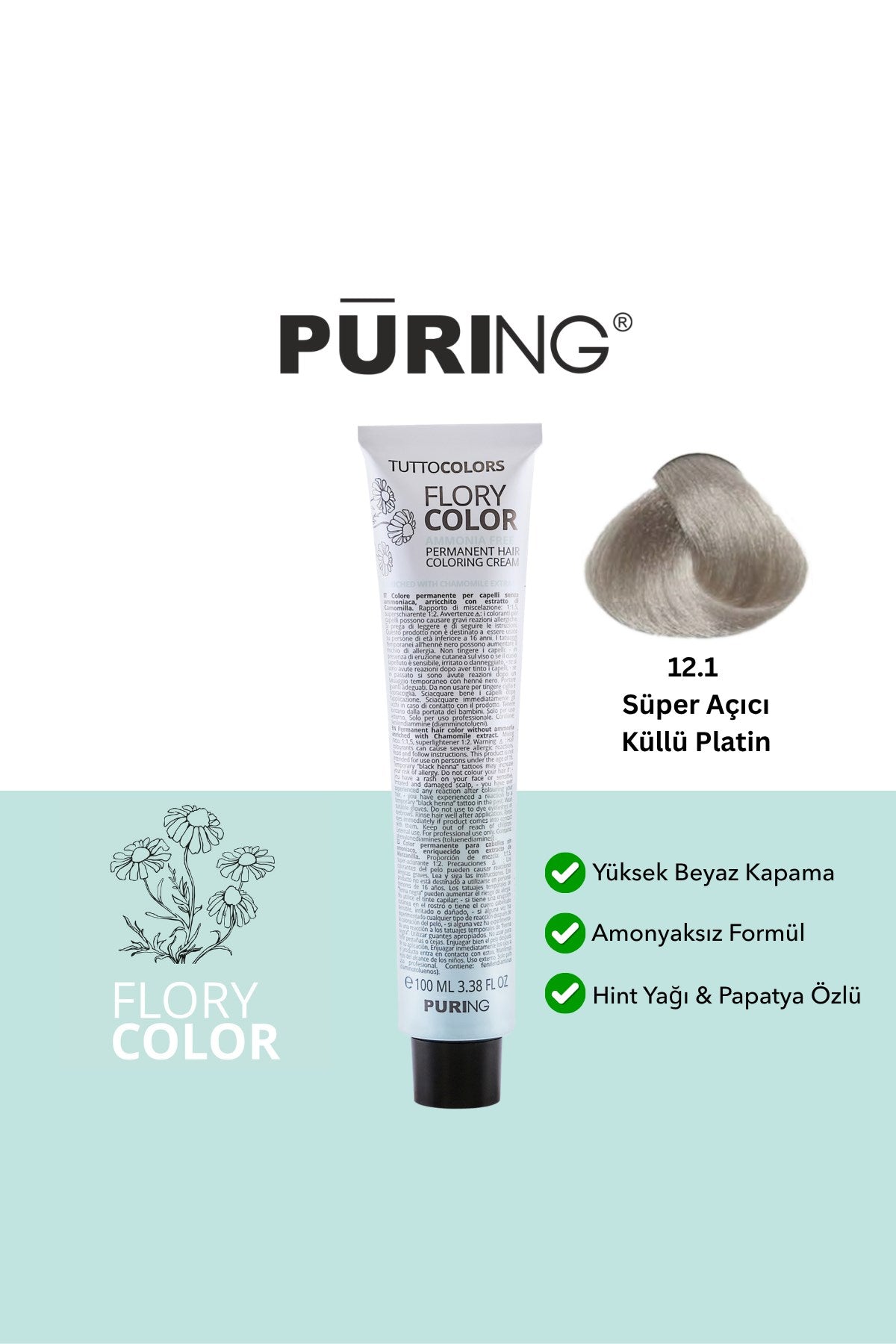 PURING Flory Color Papatya Özlü Amonyaksız Saç Boyası 100ml - 12.1 Süper Açıcı Küllü Platin