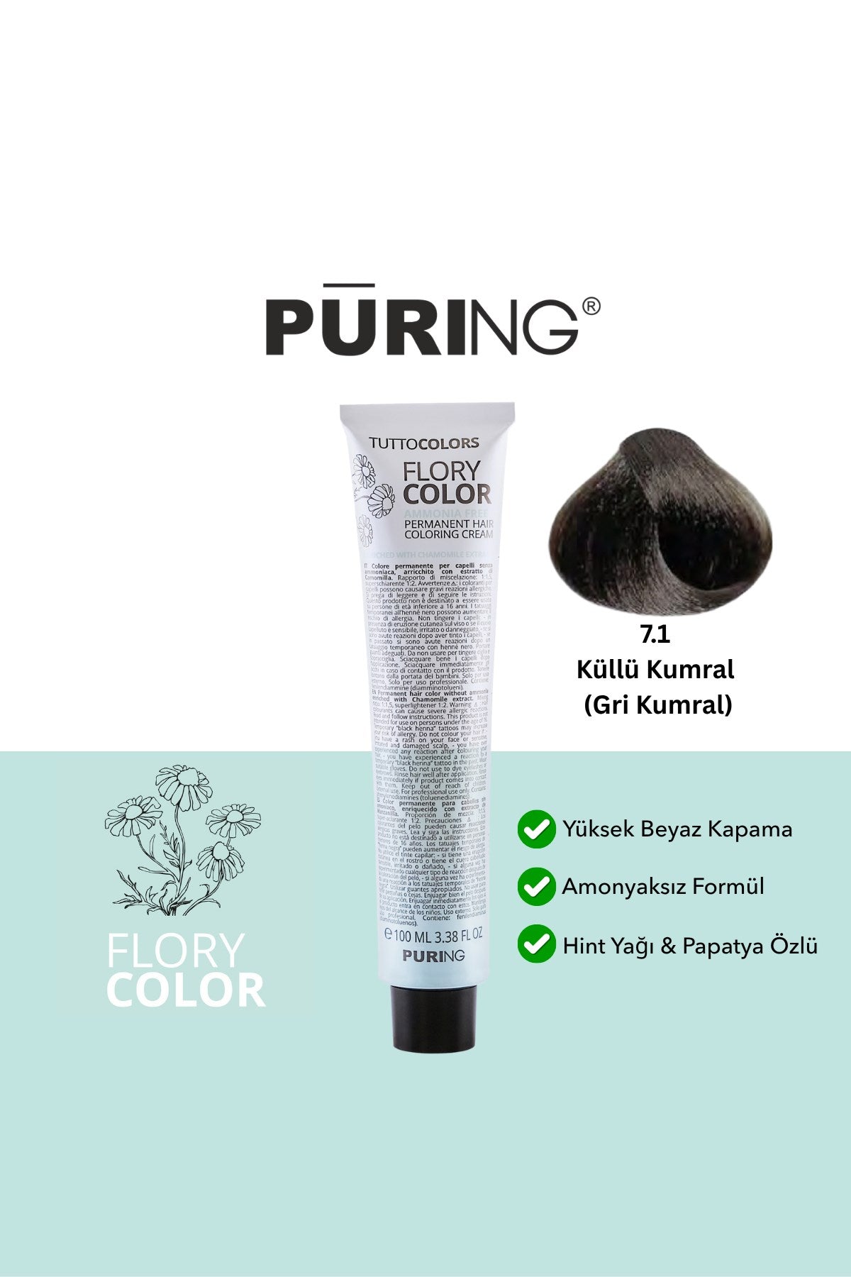 PURING Flory Color Papatya Özlü Amonyaksız Saç Boyası 100ml - 7.1 Küllü Kumral (Gri Kumral)