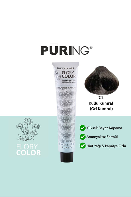 PURING Flory Color Papatya Özlü Amonyaksız Saç Boyası 100ml - 7.1 Küllü Kumral (Gri Kumral)