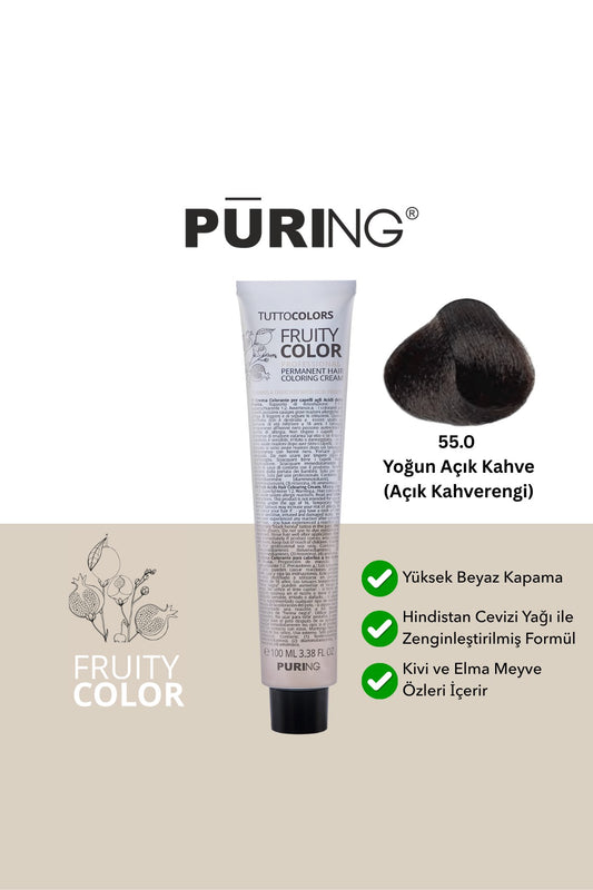 PURING Fruity Color Meyve Asitli Profesyonel Krem Saç Boyası 100ml - 55.0 Yoğun Açık Kahve (Açık Kahverengi)