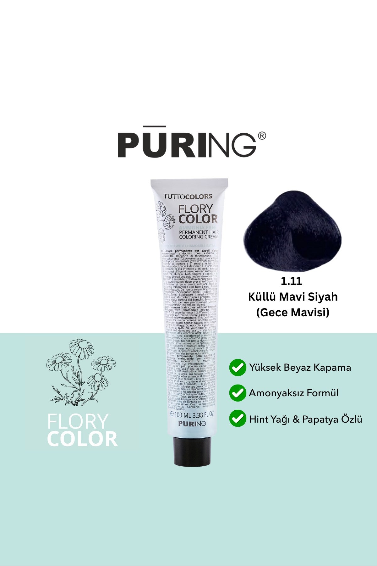 PURING Flory Color Papatya Özlü Amonyaksız Saç Boyası 100ml - 1.11 Küllü Mavi Siyah (Gece Mavisi)