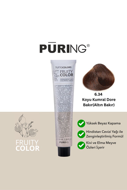 PURING Fruity Color Meyve Asitli Profesyonel Krem Saç Boyası 100ml - 6.34 Koyu Kumral Dore Bakır(Altın Bakır)