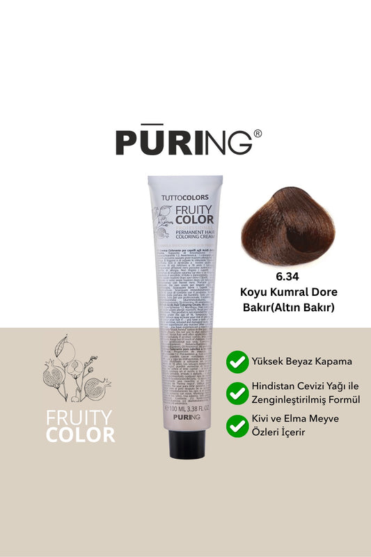 PURING Fruity Color Meyve Asitli Profesyonel Krem Saç Boyası 100ml - 6.34 Koyu Kumral Dore Bakır(Altın Bakır)