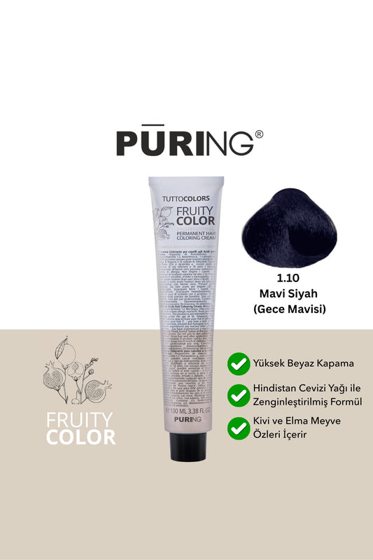 PURING Fruity Color Meyve Asitli Profesyonel Krem Saç Boyası 100ml - 1.10 Mavi Siyah (Gece Mavisi)