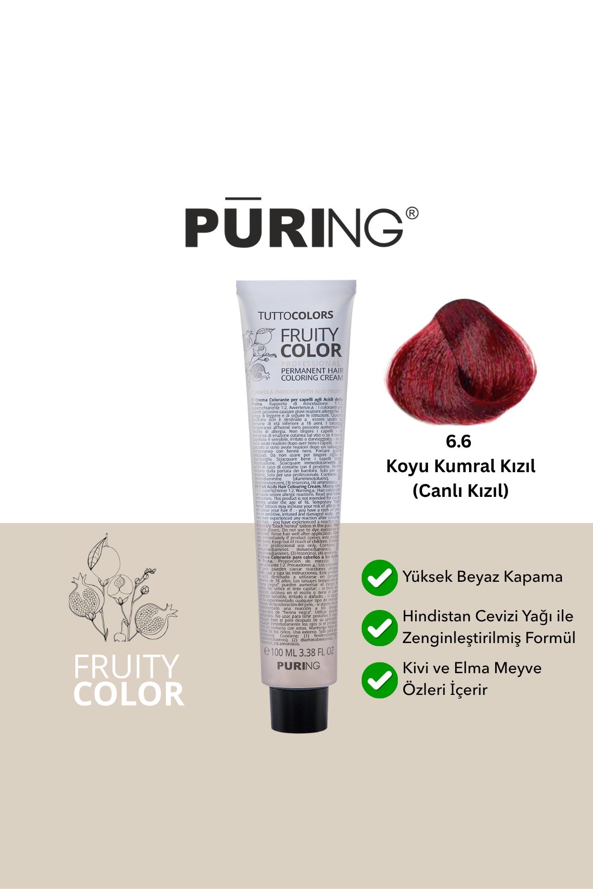 PURING Fruity Color Meyve Asitli Profesyonel Krem Saç Boyası 100ml - 6.6 Koyu Kumral Kızıl (Canlı Kızıl)