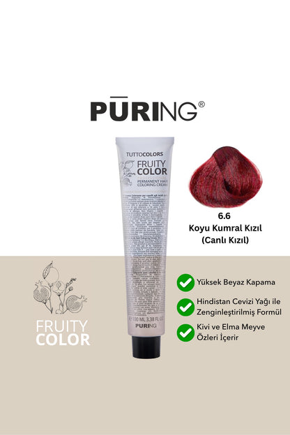 PURING Fruity Color Meyve Asitli Profesyonel Krem Saç Boyası 100ml - 6.6 Koyu Kumral Kızıl (Canlı Kızıl)