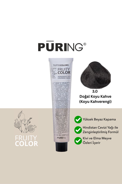 PURING Fruity Color Meyve Asitli Profesyonel Krem Saç Boyası 100ml - 3.0 Doğal Koyu Kahve (Koyu Kahverengi)