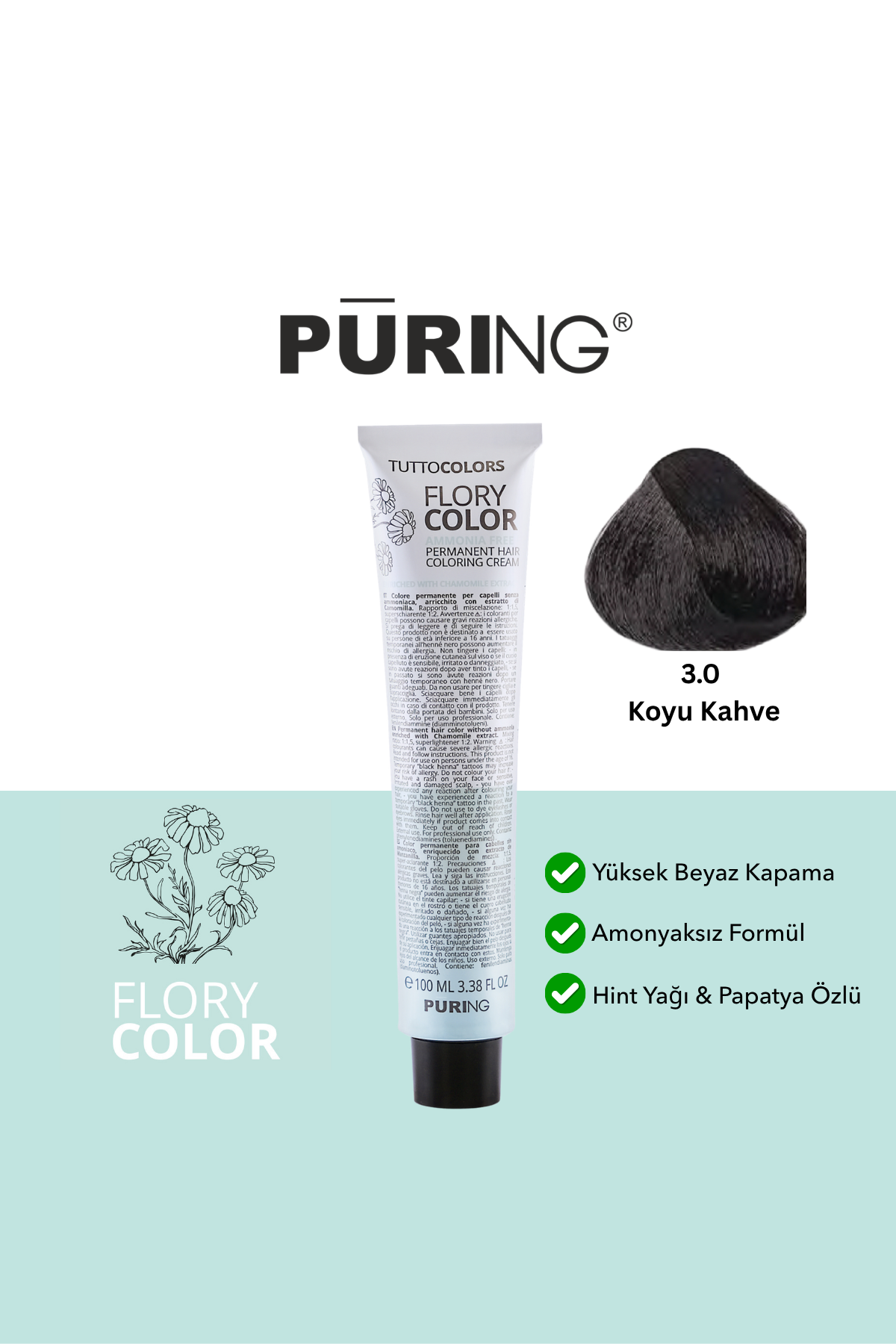 PURING Flory Color Papatya Özlü Amonyaksız Saç Boyası 100ml - 3.0 Koyu Kahve (Koyu Kahverengi)