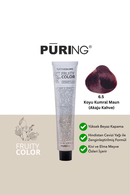 PURING Fruity Color Meyve Asitli Profesyonel Krem Saç Boyası 100ml - 6.5 Koyu Kumral Maun (Akaju Kahve)