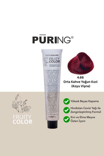PURING Fruity Color Meyve Asitli Profesyonel Krem Saç Boyası 100ml - 4.66 Orta Kahve Yoğun Kızıl (Koyu Vişne)