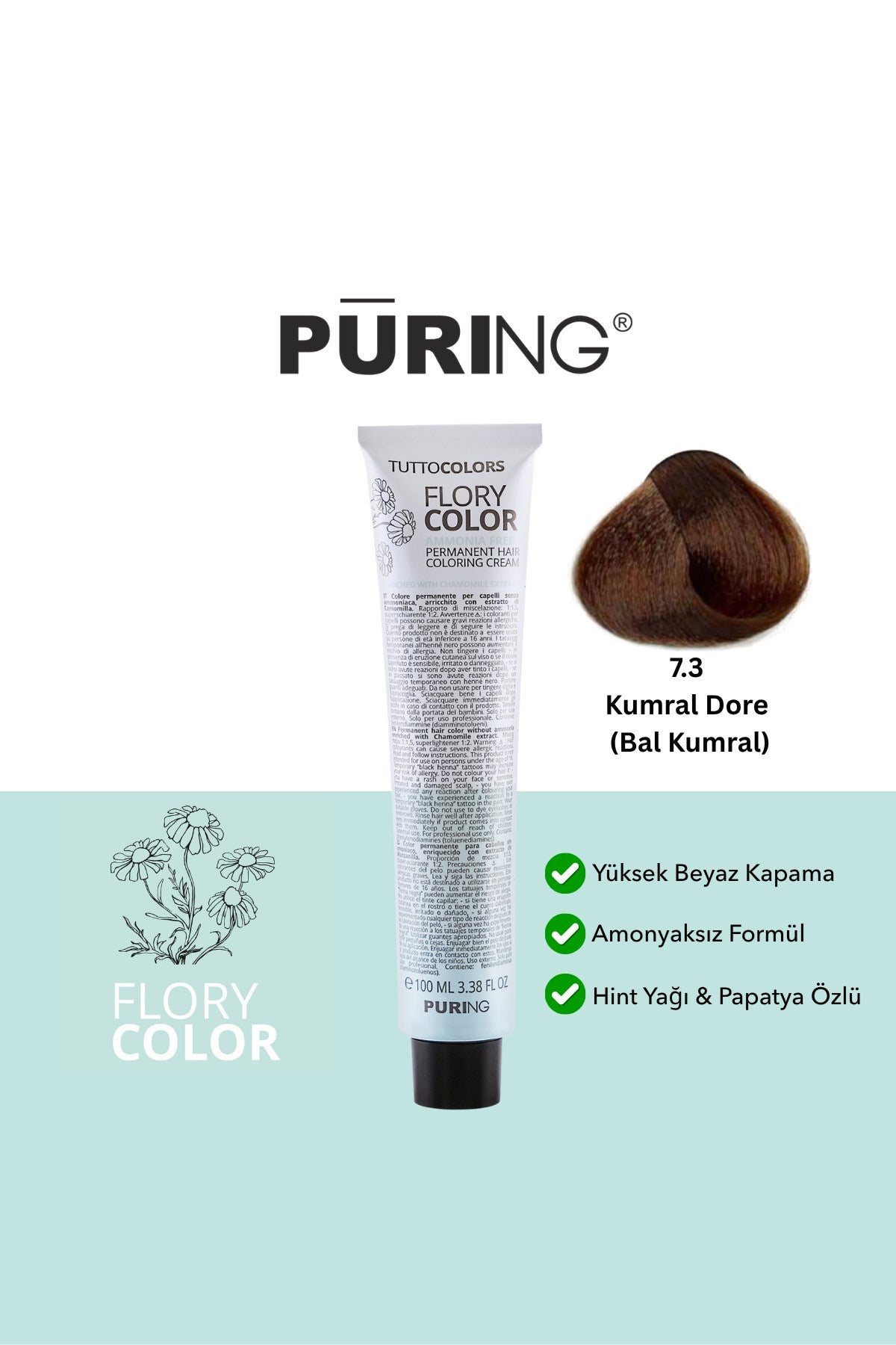 PURING Flory Color Papatya Özlü Amonyaksız Saç Boyası 100ml - 7.3 Kumral Dore (Bal Kumral)