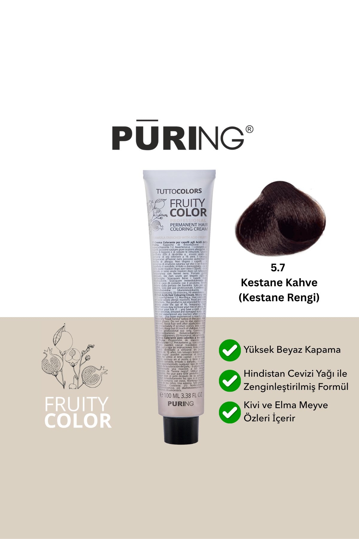 PURING Fruity Color Meyve Asitli Profesyonel Krem Saç Boyası 100ml - 5.7 Kestane Kahve (Kestane Rengi)