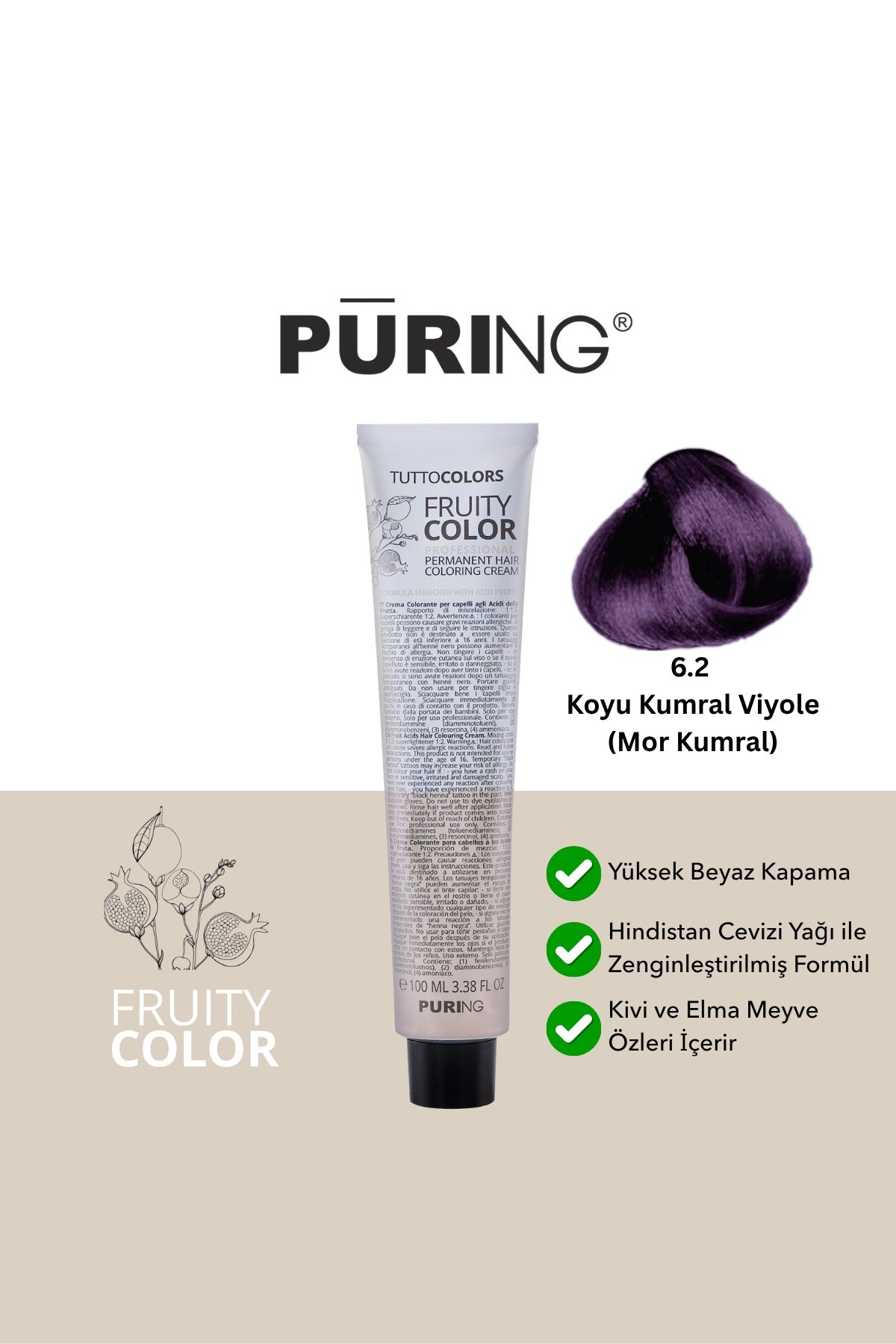 PURING Fruity Color Meyve Asitli Profesyonel Krem Saç Boyası 100ml - 6.2 Koyu Kumral Viyole (Mor Kumral)