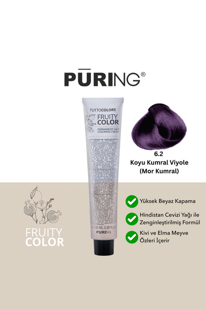 PURING Fruity Color Meyve Asitli Profesyonel Krem Saç Boyası 100ml - 6.2 Koyu Kumral Viyole (Mor Kumral)