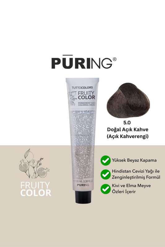 PURING Fruity Color Meyve Asitli Profesyonel Krem Saç Boyası 100ml - 5.0 Doğal Açık Kahve (Açık Kahverengi)