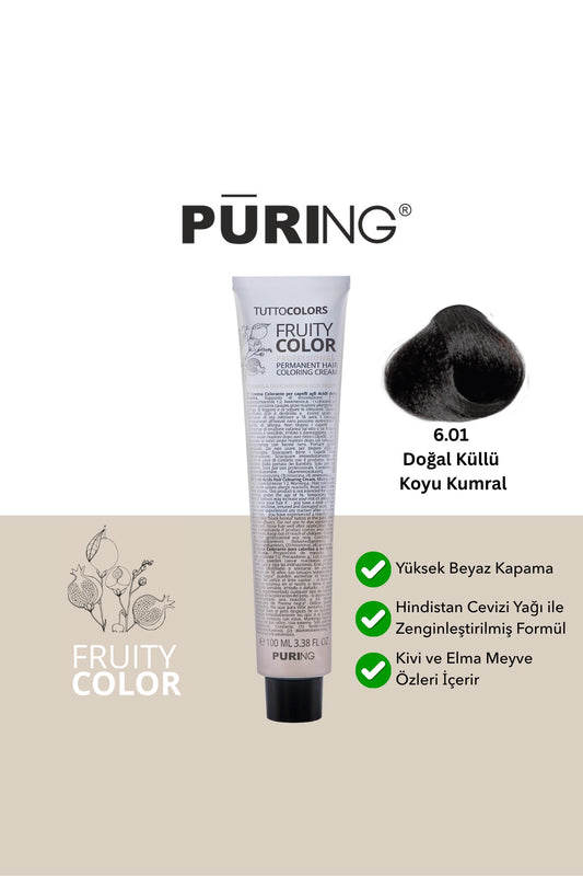 PURING Fruity Color Meyve Asitli Profesyonel Krem Saç Boyası 100ml - 6.01 Doğal Küllü Koyu Kumral
