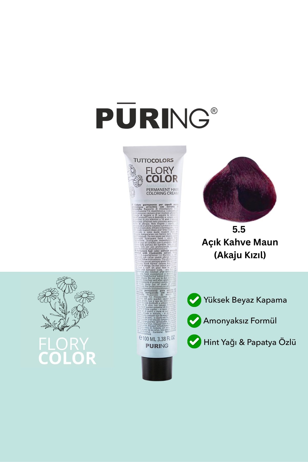 PURING Flory Color Papatya Özlü Amonyaksız Saç Boyası 100ml - 5.5 Açık Kahve Maun (Akaju Kızıl)