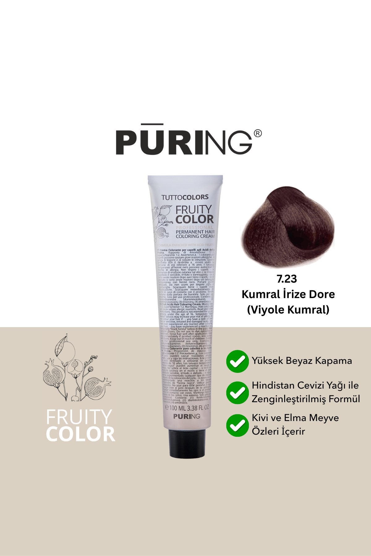 PURING Fruity Color Meyve Asitli Profesyonel Krem Saç Boyası 100ml - 7.23 Kumral İrize Dore (Viyole Kumral)