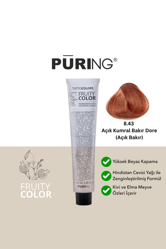 PURING Fruity Color Meyve Asitli Profesyonel Krem Saç Boyası 100ml - 8.43 Açık Kumral Bakır Dore (Açık Bakır)
