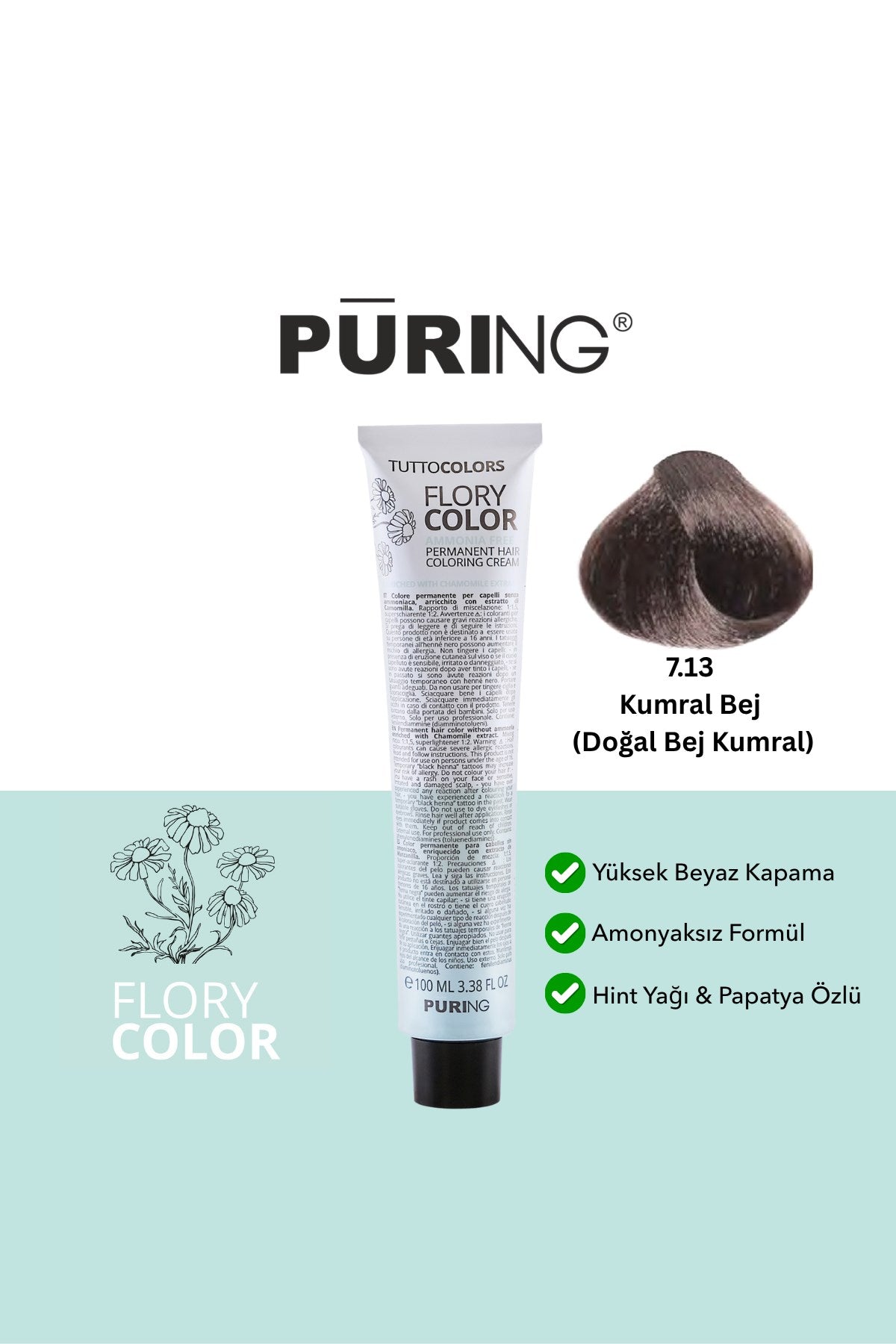 PURING Flory Color Papatya Özlü Amonyaksız Saç Boyası 100ml - 7.13 Kumral Bej (Doğal Bej Kumral)