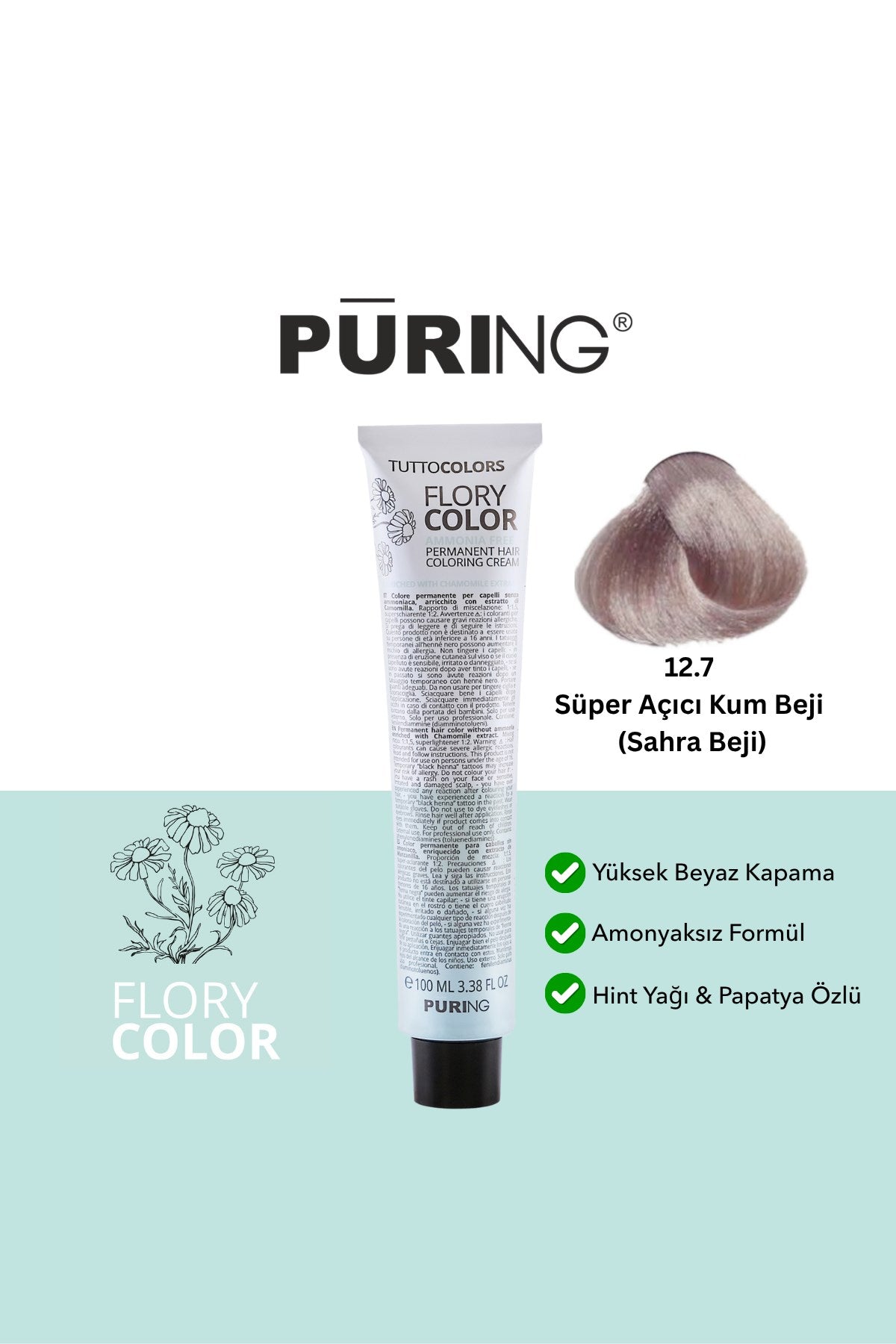 PURING Flory Color Papatya Özlü Amonyaksız Saç Boyası 100ml - 12.7 Süper Açıcı Kum Beji (Sahra Beji̇)