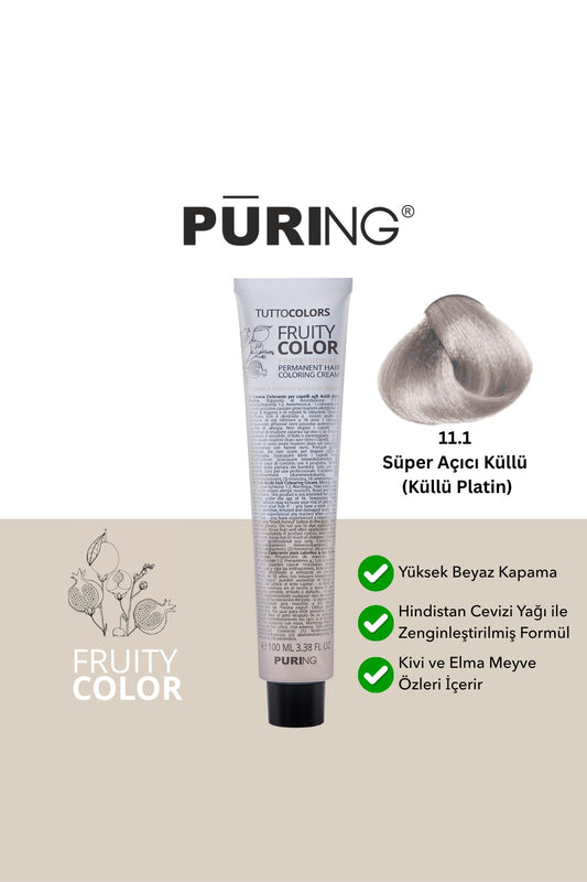PURING Fruity Color Meyve Asitli Profesyonel Krem Saç Boyası 100ml - 11.1 Süper Açıcı Küllü (Küllü Platin)