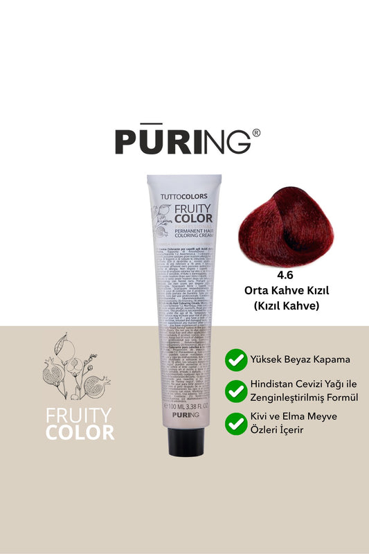 PURING Fruity Color Meyve Asitli Profesyonel Krem Saç Boyası 100ml - 4.6 Orta Kahve Kızıl (Kızıl Kahve)