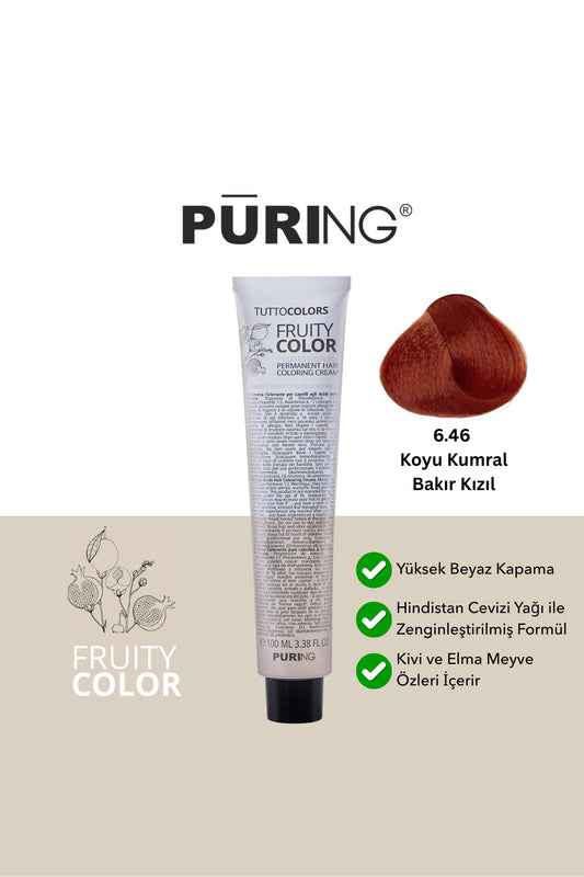 PURING Fruity Color Meyve Asitli Profesyonel Krem Saç Boyası 100ml - 6.46 Koyu Kumral Bakır Kızıl