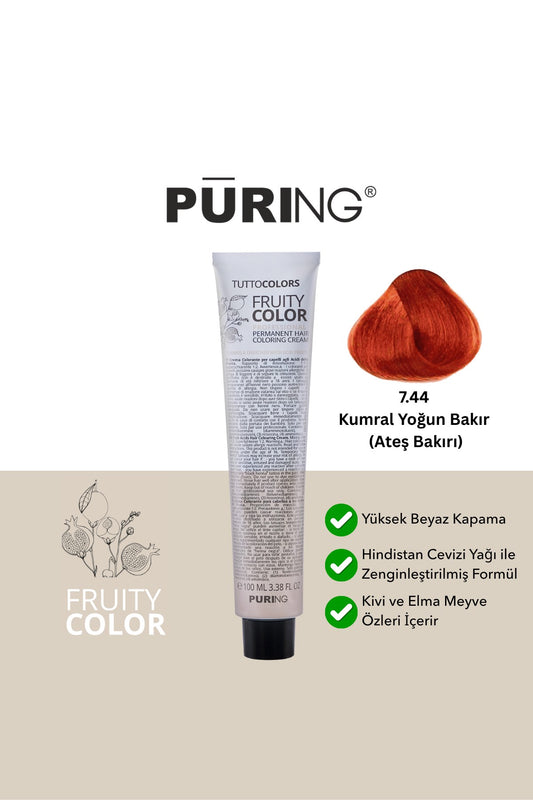 PURING Fruity Color Meyve Asitli Profesyonel Krem Saç Boyası 100ml - 7.44 Kumral Yoğun Bakır (Ateş Bakırı)