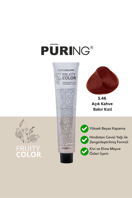 PURING Fruity Color Meyve Asitli Profesyonel Krem Saç Boyası 100ml - 5.46 Açık Kahve Bakır Kızıl