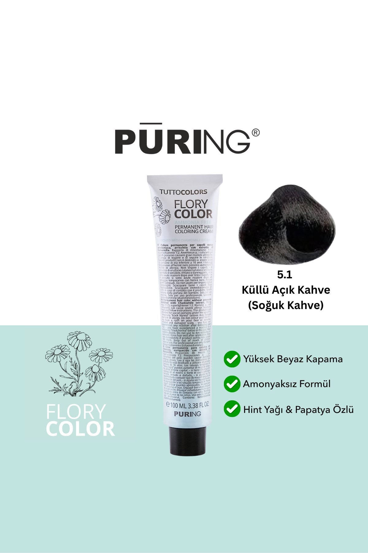 PURING Flory Color Papatya Özlü Amonyaksız Saç Boyası 100ml - 5.1 Küllü Açık Kahve (Soğuk Kahve)